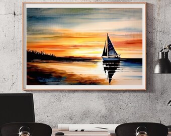 Sailboat Sunset Seascape Watercolor Painting | Coastal Wall Art (Digital Download)