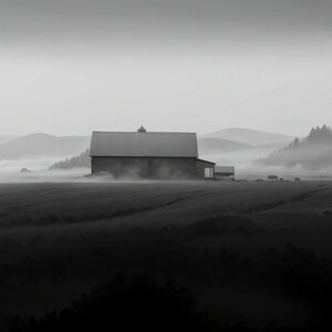 Farmhouse Barn Art Print: Foggy Morning Landscape (Downloadable JPEG)