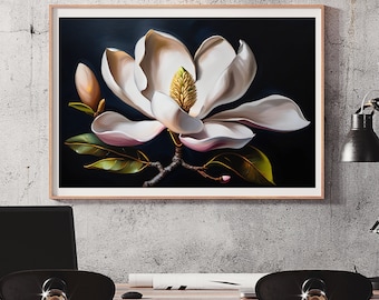 Lámina de pintura al óleo de magnolia blanca / Obra de arte floral moderna (descarga digital)