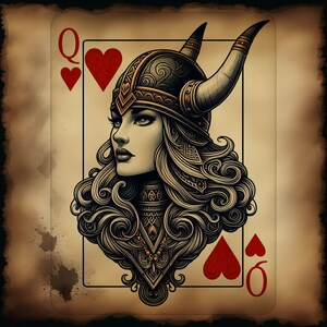 Carta de juego de la Reina de Corazones Vikinga Antigua n.° 1 / Impresión de arte mural JPEG descargable / Regalo para ella