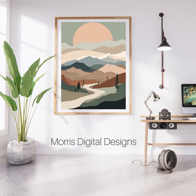 Midcentury Modern Mountain Landscape Digital Wall Art Print Etsy