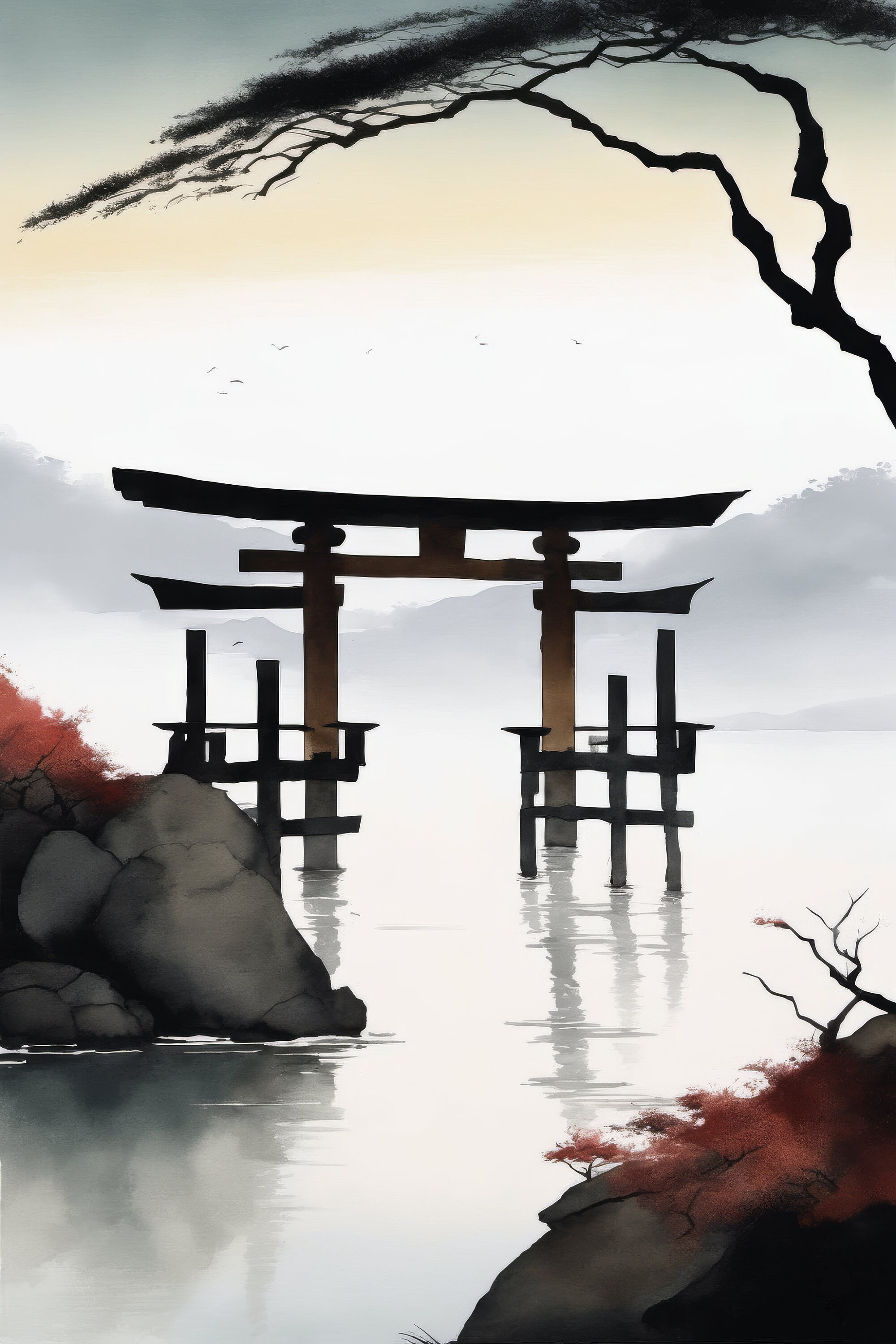 Japandi Torii Gate Watercolor Painting | Serene Lake Landscape Art ...
