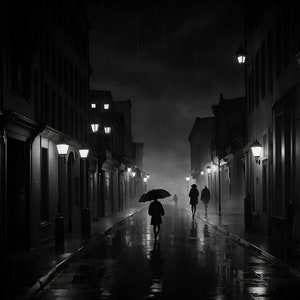 Stampa di strada di città piovosa noir: arte murale urbana malinconica (download digitale)