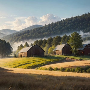 Farmhouse Barn Art Print: Foggy Morning Landscape (Downloadable JPEG)