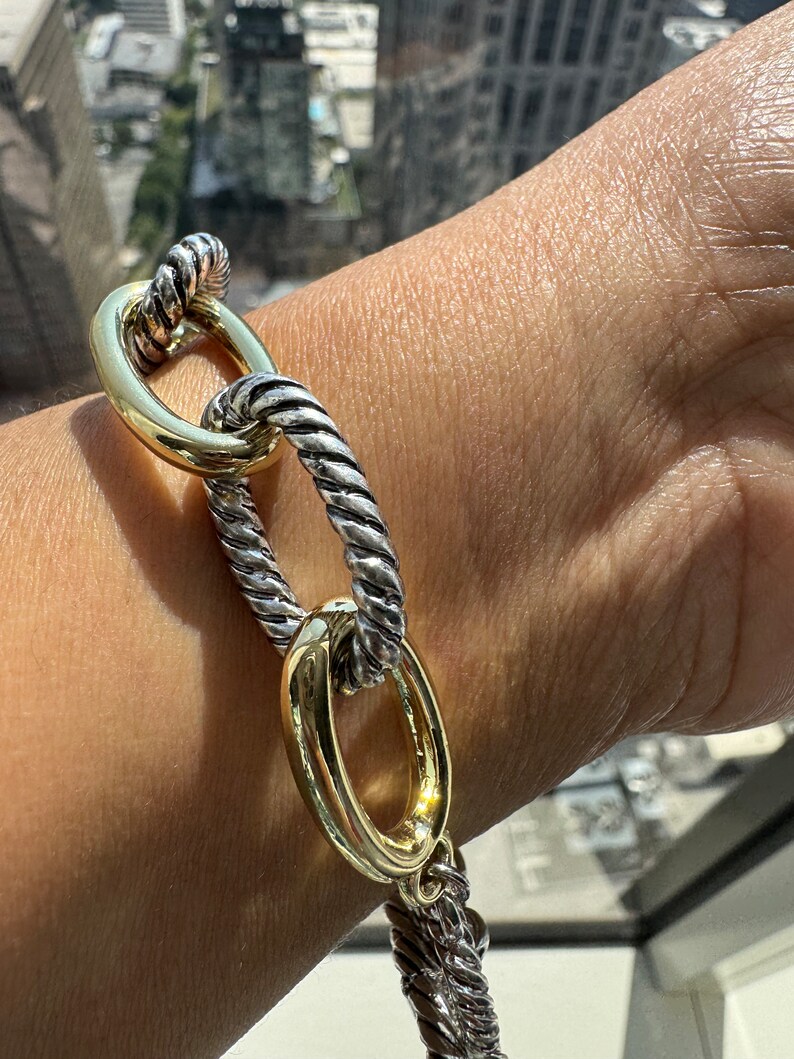 Crossover Twist Bracelet Xlarge Oval Silver and Gold Link Bracelet