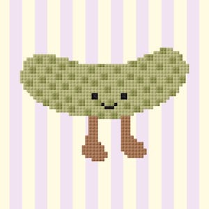 Puede incluir: Un pepinillo verde pixelado con una cara sonriente y piernas marrones pixeladas sobre un fondo a rayas amarillo y morado.