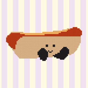 May include: A pixelated illustration of a smiling hot dog with black wheels. The hot dog has a tan bun, a red-orange sausage, and a line of yellow mustard. The background is a striped pattern of light purple and cream.