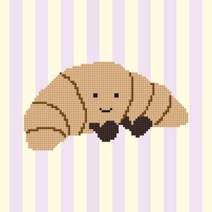 Puede incluir: Ilustración digital de un cruasán sonriente en tonos beige y marrón. La pastelería tiene una cara amigable con una pequeña sonrisa y dos puntos negros para los ojos. El fondo presenta rayas verticales en amarillo pálido y lila.