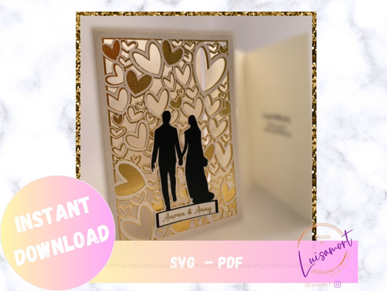 May include: A white card with a gold heart design and a silhouette of a couple walking. The card has the text "Aaron & Amy" on the bottom.