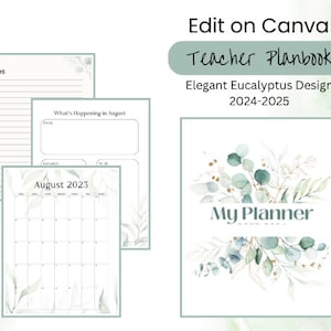 Op de afbeelding: Een lerarenplanboek met een elegant eucalyptusontwerp. De omslag leest "My Planner" en bevat een kalender voor augustus 2023, samen met pagina's voor notities en planning. Het ontwerp bevat groene en gouden botanische elementen.