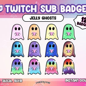 Kawaii Ghost Twitch Badges | 12 Jelly Pastel Sub Badges, Bit Badges & Channel Points | Cute PNG Stream Assets for VTubers