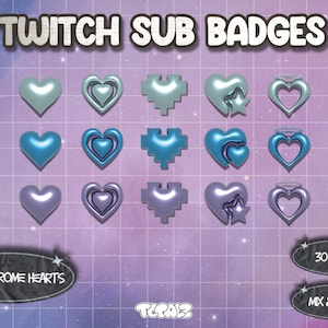 May include: A set of 30 Twitch sub badges featuring various heart designs in blue and purple. The badges are labelled "Y2K Chrome Hearts" and "Mix & Match".