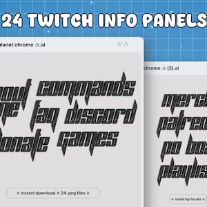 Puede incluir: Un conjunto de 24 paneles de información de Twitch con texto en negrita, negro, en 3D. Los paneles incluyen texto como "sobre mí", "comandos", "FAQ", "discord", "donar", "juegos", "mercancía", "patreon", "casilla postal" y "lista de reproducción".