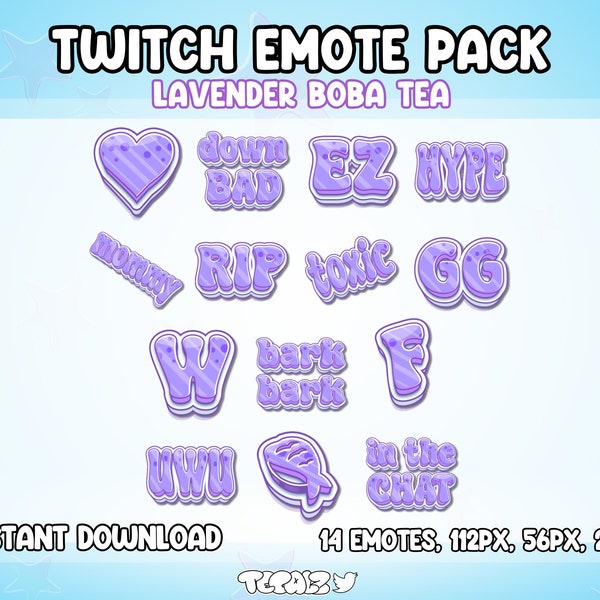 Lavender Boba Tea EMOTES | Kawaii purple | Streamer | Twitch | Kick | Discord | Stream Assets | hype uwu bark queen toxic mommy heart sushi