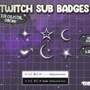 Y2K Chrome Celestial Twitch Badges: Purple Moon Sub Badges (Digital Download)