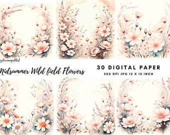 Midsummer Wild field soft pink Flowers Watercolor Wildflower clipart, Delicate flower, Summer meadow floral wedding invite logo card