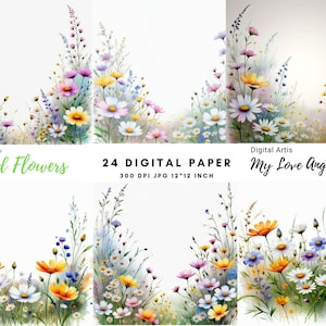 Flores silvestres aquarela floral clipart borda em campo prado flor borda conjunto de flores vintage, borda pastel clipart jpg download instantâneo
