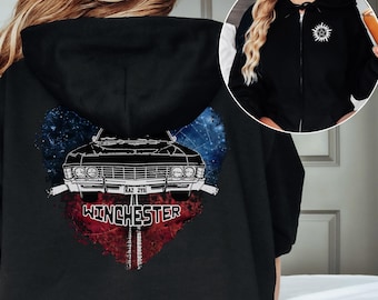 Winchester Bros Supernatural TV-Serie Zip Hoodie, Plus Size Zip Up Sweatshirt, Sam Dean Jacke, Impala Kapuzen Sweatshirt Geschenk für Fans
