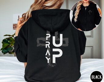 Pray Up Cross Christian Full Zip Hoodie - Unisex Sweatshirt, Aesthetic Religious Jesus Zip Hooded Jacket, Christian Apparel