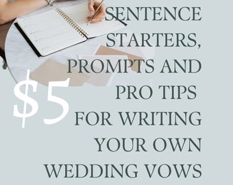 Könnte beinhalten: Ein Spiralnotizbuch und ein Stift auf einem Marmortisch mit dem Text "SENTENCE STARTERS, PROMPTS AND PRO TIPS FOR WRITING YOUR OWN WEDDING VOWS" und einem Preisschild "$5".