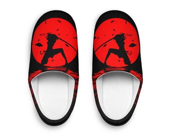 Pantuflas de hombre: diseño de samurái rojo, franela suave y acogedora.