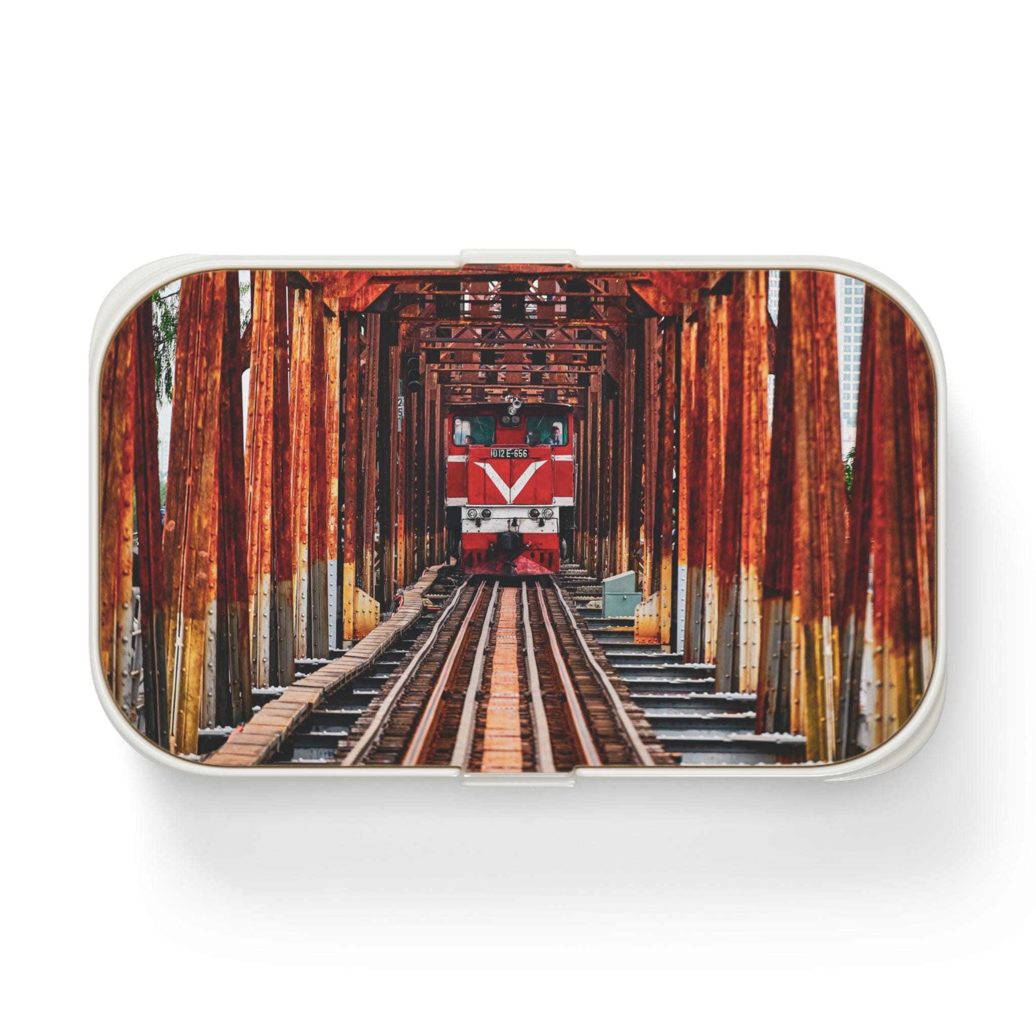 Vintage Train Tracks Bento Lunch Box - Eco-Friendly Food Container, Retro Railway Theme, Lunch Tote Bag, Lunch Container, Meal Prep Box