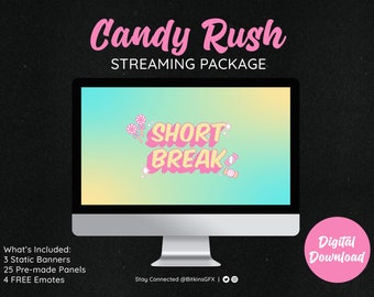 キャンディーラッシュ ストリーミング パッケージ | Twitch & Kick バナー、パネル、エモート | インスタント デジタル ダウンロード
