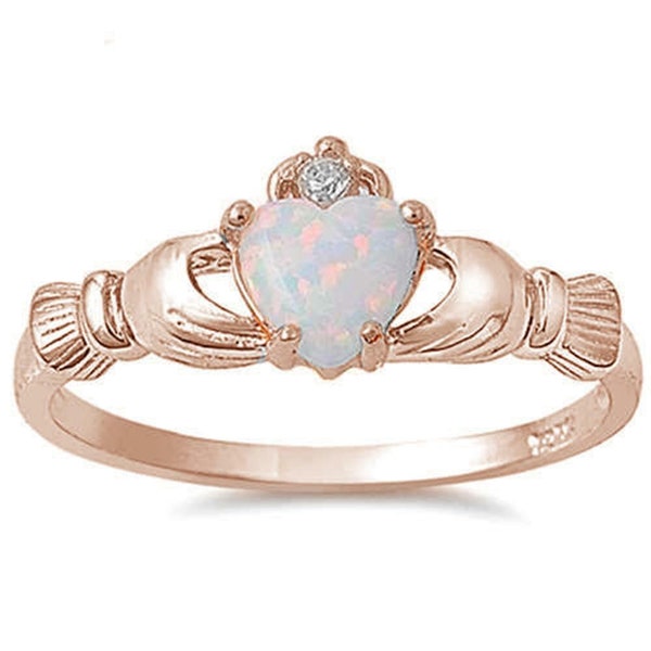 Rose gold platted Heart holding hands Simulated Gemstone White Opal CZ Irish Claddagh .925 Sterling Silver Friendship Ring   16677  103531