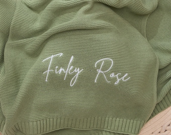 Personalized Knit Baby Blanket, Embroidered Organic Cotton Name Blanket