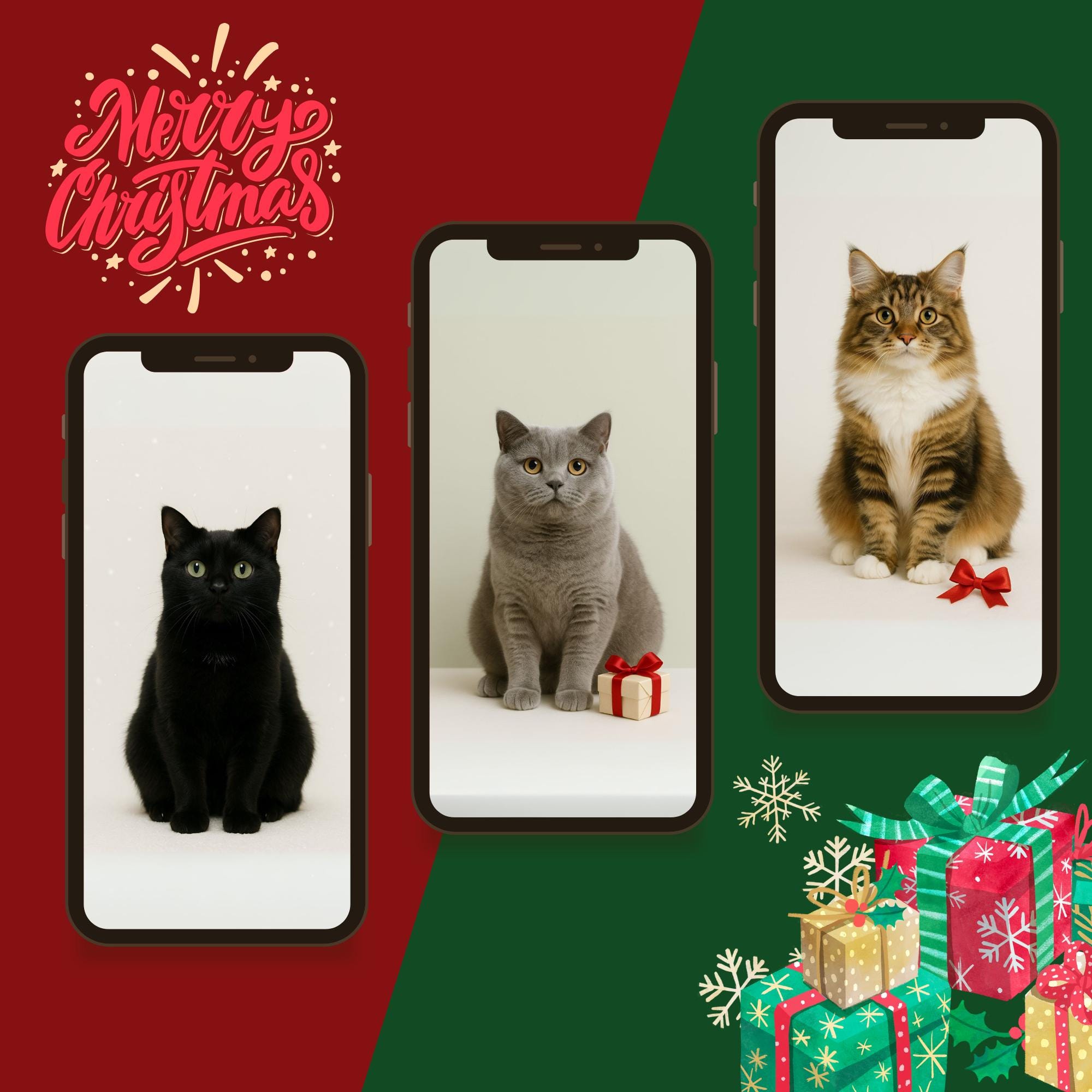 クリスマスの子猫のスマホ壁紙 | 冬のホリデー iPhone 背景画像 (デジタルダウンロード) - Etsy 日本, image size:2000x2000