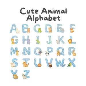 Clipart de alfabeto de animais fofos | Letras ABC em aquarela para crianças | Alfabeto inglês de A a Z | Gráficos para creches e escolas | Uso comercial
