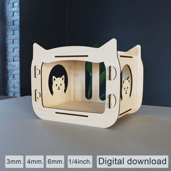 Cat House Laser Cut , Laser Cut SVG , Téléchargement instantané cnc modèle laser cut, Katzen Haus | SVG, DXF | 013