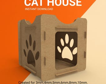 Wood Cat House with Paw Cutout: Laser Cut Pet Bed (Digital Download)