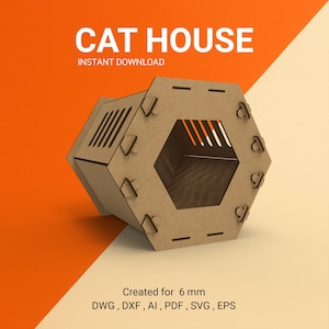Laser Schnitt Katzenhaus: Hexagon Design, SVG DXF DWG (Digitaler Download)