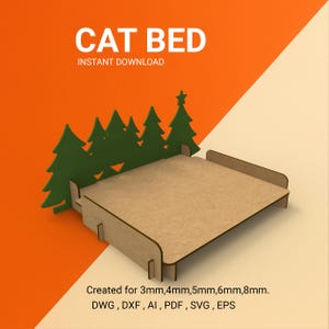 Puede incluir: Una cama para gatos de madera clara, con base rectangular y bordes elevados. Siluetas de árboles verdes a la izquierda. Las palabras "CAT BED" y "INSTANT DOWNLOAD" se ven en la parte superior.