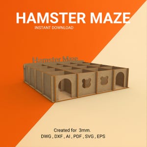Puede incluir: Un laberinto para hámster de color marrón claro con múltiples compartimentos y entradas arqueadas. El diseño incluye recortes en forma de oso. El texto "HAMSTER MAZE" y "INSTANT DOWNLOAD" están en la parte superior.