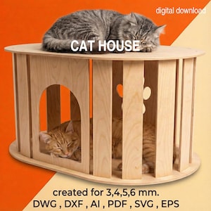 May include: A wooden cat house with a sleeping tabby cat on top and an orange cat inside. The house has a rounded top and vertical slats. The text "CAT HOUSE" is visible on the top. Digital download.