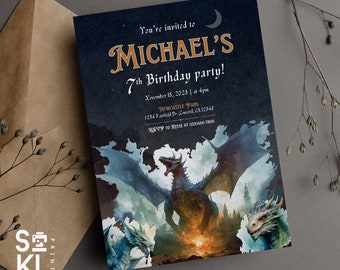 Editable - DRAGON Theme Birthday Party Invitation Template, Personalized Invitation, Instant Download, Printable, 5in x 7in [BD111123DR]