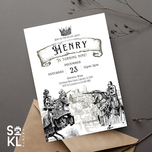 May include: A white invitation with black and gray illustrations of knights on horseback. The invitation is for Henry's ninth birthday party. The party will be held on December 23rd at Fortress Park from 12pm to 3pm. The address and RSVP information are included.