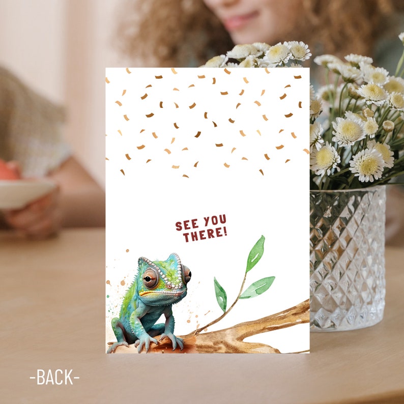 May include: A green chameleon with a blue tail sits on a branch with green leaves. The background is white with gold confetti. The text "See you there!" is written in red.