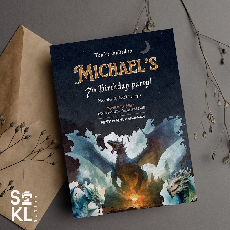 Editable DRAGON Theme Birthday Party Invitation Template, Personalized