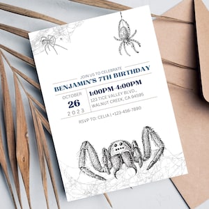 Bewerkbaar: sjabloon voor uitnodiging verjaardagsfeestje SPIDER-thema, gepersonaliseerde uitnodiging, direct download, afdrukbaar, 5 x 7 inch (BD73123SP)