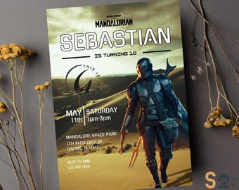 Bewerkbaar: sjabloon MANDALORIAN thema verjaardagsfeestje, gepersonaliseerde uitnodiging, direct download, afdrukbaar, 5 in x 7 in [BD5625MD]
