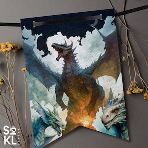 May include: A watercolor painting of three dragons. The largest dragon is in the center of the image and is a dark blue and brown color. The dragon is flying with its wings spread wide. The two smaller dragons are on either side of the large dragon. The smaller dragons are a light blue and green color. The background of the image is a dark blue and purple color.
