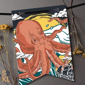 Editable - KRAKEN/OCTOPUS MONSTER Theme Birthday Garland/Bunting, Customizable,Instant Download,Printable, 5x7in, [BD72825KR]
