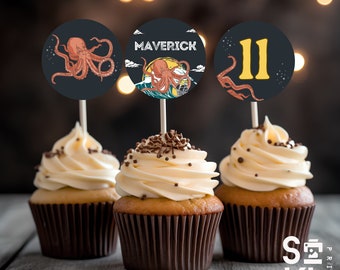 Editable/Imprimible -KRAKEN/OCTOPUS MONSTER Cumpleaños temático, Plantilla Cupcake Topper, Personalizable, Descarga instantánea, 2 pulgadas