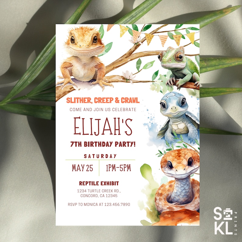 May include: A colorful invitation for a 7th birthday party with a reptile theme. The invitation features a watercolor illustration of a bearded dragon, a green tree frog, a turtle, and a snake. The text on the invitation reads "Slither, Creep & Crawl Come and Join Us Celebrate Elijah's 7th Birthday Party! Saturday May 25 1PM-5PM Reptile Exhibit 1234 Turtle Creek Rd., Concord, CA 12345 RSVP to Monica at 123.456.7890"