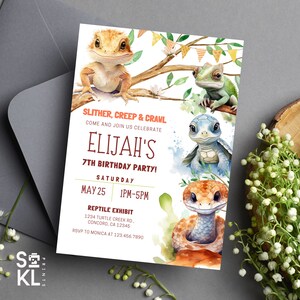 May include: A colorful invitation for a 7th birthday party with a reptile theme. The invitation features a watercolor illustration of a lizard, snake, turtle, and chameleon. The text reads "Slither, Creep & Crawl Come and Join Us Celebrate Elijah's 7th Birthday Party! Saturday May 25 1PM-5PM Reptile Exhibit 1234 Turtle Creek Rd. Concord, CA 12345 RSVP to Monica at 123.456.7890"