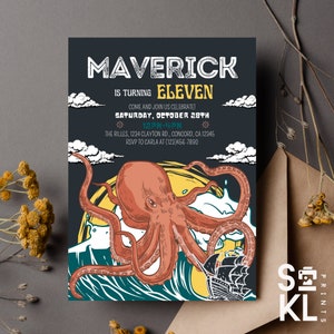 Editável - Modelo de convite de aniversário com tema KRAKEN/OCTOPUS MONSTER, convite personalizado, download instantâneo, para impressão, 5x7 pol., [BD102323KR]