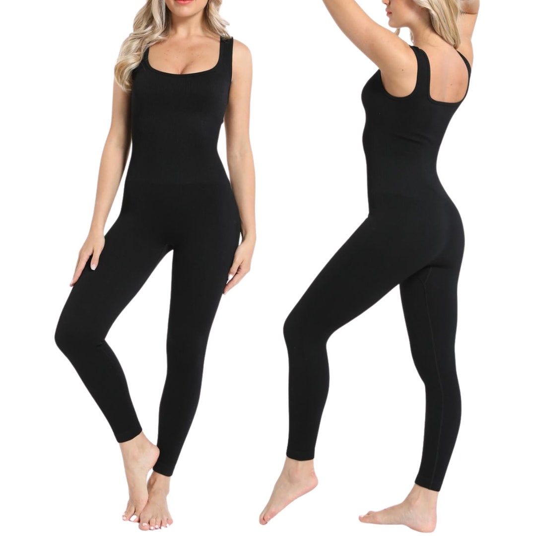 Jumpsuits for Women Tummy Control Square Neck Ribbed Sleeveless